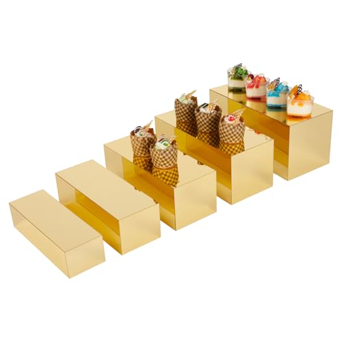 Jolboldy Acrylic Food Display Risers, Gold Risers Boxes 5Pcs Rectangular Display Stand Shelf Buffet Risers for Catering Dessert Buffet Table, Parties, Weddings, Collectibles Shoes Display(5pc)