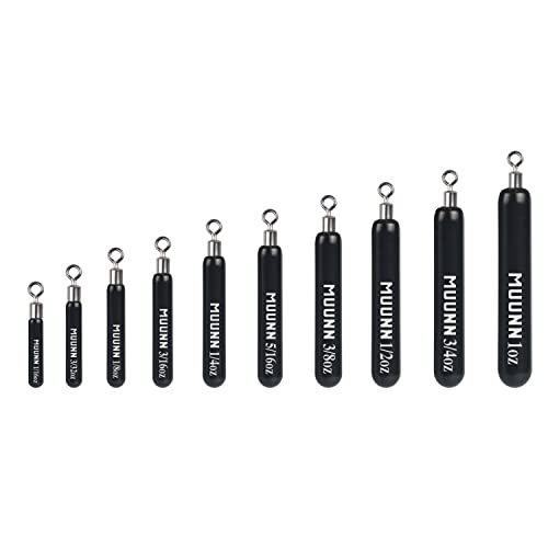 MUUNN 10 Pack Tungsten Free Rig Skinny Drop Shot Weights,Raindrop Free Rig Fishing Sinkers kit for Drop Shot Rig(No Chip Black,1/4oz)
