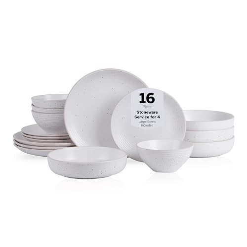Stone Lain Lauren Stoneware, Rustic Plates and Bowls Set, Dinnerware, Service for 4, Speckled Off White, Dishwasher & Microwave Safe, 16-Piece