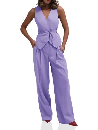 Cicy Bell Womens 2 Piece Outfits V Neck Tie Waist Blazer Vest and Wide Leg Business Casual Suit Pants Sets Light Purple