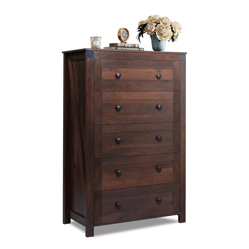 WLIVE Farmhouse Brown Dresser for Bedroom, 5 Drawer Dresser Storage Organizer, Tall Wood Dressers with Double Rustic Handle, Chest of Drawers for Living Room, Hallway, Closet