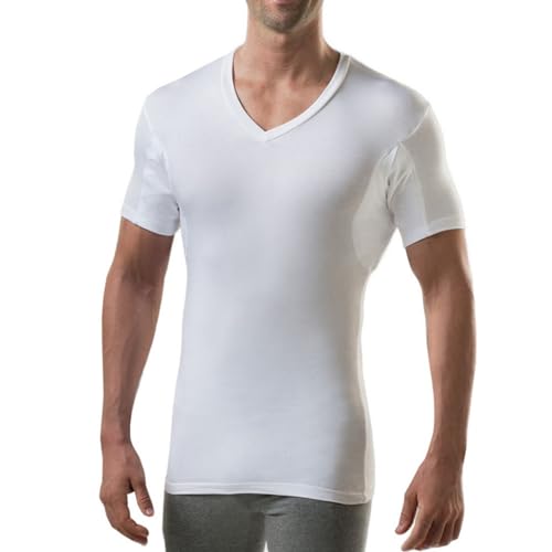 Men's Sweatproof Undershirt | V Neck T-Shirt with Underarm Sweat Pads | Slim Fit | Aluminum-Free Alternative | White | Large