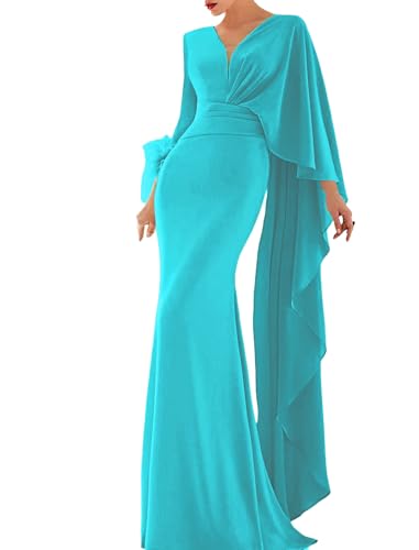 GlitzGleam Elegant Mermaid Trumpet Prom Dress Sweep Brush Train V-Neck Long Sleeves Feather Ruffles Evening Dress 2025 Aqua Blue