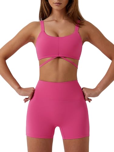 ABOCIW Workout Sets for Women 2 Piece Strappy Sports Bra High Waist Booty Biker Shorts Yoga Outfits Macthing Gym Sets for Women Y-Hot Pink Medium