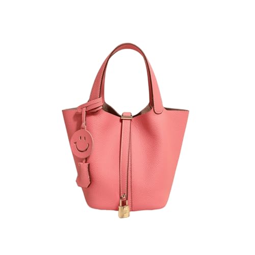 Genuine Leather-Handbags,Bucket- with Lock,Clemence -Portable,fashion-Female Bag (golden pink)