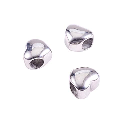 LiQunSweet 10 Pcs 304 Stainless Steel Heart Shaped Beads Charm Large Hole Loose Beads Spacer Bulk Fit for DIY Handmade European Bracelet Necklace Jewelry Making DIY Findings - 10x11mm