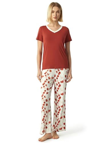 GYS Womens Bamboo Viscose Pajamas Set Super Soft Short Sleeve V Neck Top and Pants Pj Sleepwear Sets, Brick Red, Large