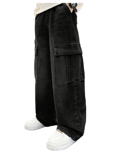 Verdusa Boys Jeans Baggy Vintage Straight Leg Denim Cargo Pants with Pockets 8-14 Years Black 13 Years