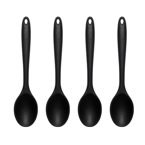 Lilaly 4 Pcs Silicone Spoon Cucharas De Silicona, Para Cocina Mixing Spoons, Cookware Silicone Cooking Spoons Suitable for Cooking Stirring Mixing Tools (Black)