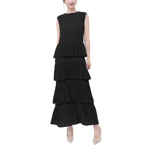 NOVAVOGUE Summer Sweet Elegant Temperament Sleeveless Cake Dress,high-end Thin Dinner Casual Beach Miyake Pleated Long Dress (Black)
