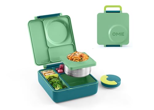OmieBox Bento Box for Kids - Insulated Bento Lunch Box with Leak Proof Vacuum Insulated Food Jar - 3 Compartments, 2 Temperature Zones - (Meadow)