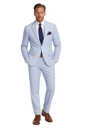 Emigre Classic Fit Blue Pinstriped Two Button Cotton Seersucker Suit (Blue, Numeric_42)