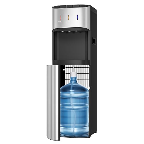 Tehanld Bottom Loading Water Cooler Dispenser for 3 or 5 Gallon Bottles, Stainless Steel Water Dispenser with Hot, Room & Cold Water, Child Safety Lock, Glittering Silver