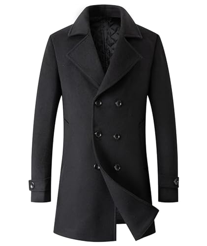 SOMTHRON Men's Woolen Trench Coat Regular Fit Double Breasted Wool Blend Jacket Winter Pea Coat Businesss Overcoat BL-M