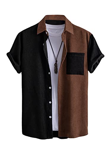 Milumia Men's Casual Button Up Shirt Pocket Short Sleeve Colorblock Blouse Tops Black and Brown Large