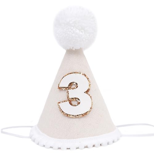 WAOUH Bohemia Cute 3rd Birthday Hat - Three Years Old Kids Birthday Party Decorations,Cake Smash Party Cone Hat,Simple Rustic Party Photo Props,Number 3 Birthday Hat Outfit