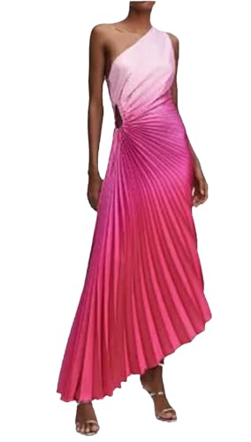 Women Gradient Printed Pleated One Shoulder Roll Waist Maxi Irregular Big Swing Dress Color-05 S
