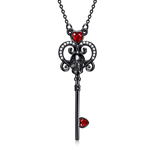 URONE Skull Necklace Sterling Silver Skull Skeleton Key Heart Pendant Gothic Skull Jewelry Gifts for Women