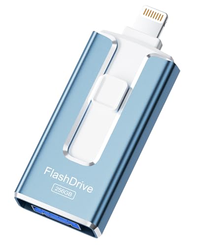 MFi Certified 256GB Flash Drive for iPhone iPad, Photo Stick for External Memory Storage, Easily Back Up and Save Files, USB Memory Stick Thumb Drive for iPhone/iPad/Android/PC (Blue, 256GB)