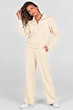 PRETTYGARDEN Women's Fall Two Piece Outfits Half Zip Sweatshirt Tops And Palazzo Pants Sweatsuit Sets (Beige,Small)