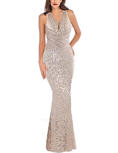 A ARFAR Women Wedding Sequin Dress Sexy V-Neck Mermaid Dress Ladies Formal Dresses Sleeveless Summer Maxi Long Dress Women Club Night Out Party Dress Vintage Elegant Silver Nude S