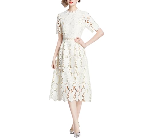 Women O Neck Short Sleeve High Waist Spliced Zipper Elegant A Line Midi Hollow Out Lace Dress Apricot XL