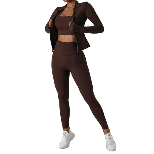 MUMANAIXI 3-Piece Seamless Moisture-Wicking Workout Set for Women - Gym, Fitness, Running, Yoga Sportswear (Brown 3pcs, Medium)