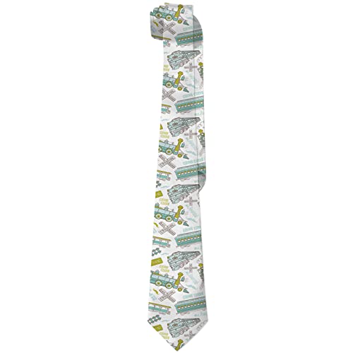 SKT T1 Men's Trains Neckties, Vintage Trains and Railroad Doodles Novelty Ties, Mint Green Necktie for Wedding Holiday Party