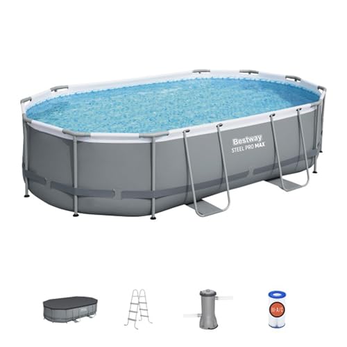 Bestway Power Steel 16' x 10' x 42" Rectangular Metal Frame Above Ground Swimming Pool Set with 1000 GPH Filter Pump, Ladder, and Pool Cover