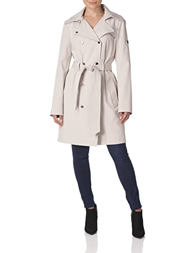 Calvin Klein Women's Double Breasted Belted Rain Jacket With Removable Hood, Oyster, Large