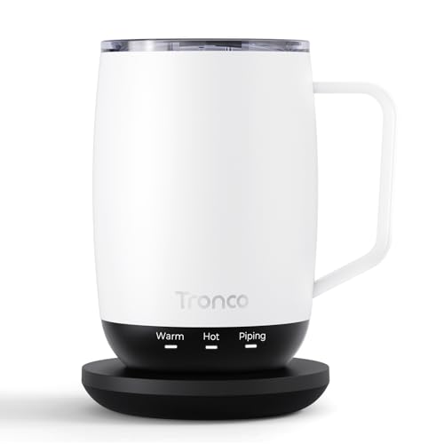 Tronco Temperature Control Heated Coffee Mug 14 oz – Rechargeable Self-Heating Coffee Cup with Lid – Manual Control, 3 Modes, 130 Min Battery Life, Auto Shut-Off (White)