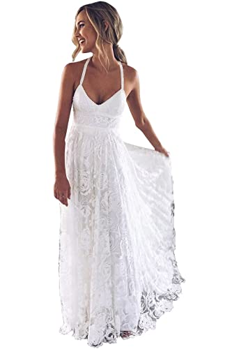 homdor V Neck Lace Applique Wedding Dress for Bride Spaghetti Strap A Line Boho Bridal Gown with Slit White Size 2