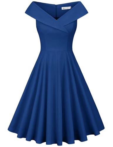 MUXXN Women's Vintage 50s Retro Sleeveless Midi V Neck Cocktail Party Swing Dress Blue M