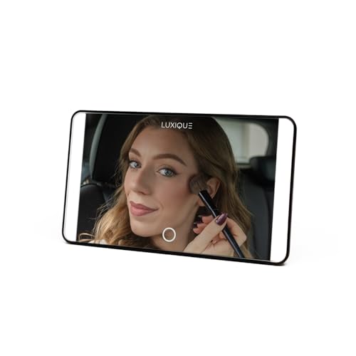LUXIQUE Rechargeable LED Sun Visor Mirror – 3 Dimmable Light Modes, Portable Makeup and Vanity Mirror, Weather-Resistant, Detachable Stand, Universal Fit, Perfect for Beauty, Grooming, Travel (Black)