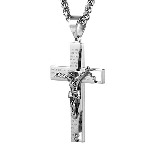 HZMAN Men's Stainless Steel Cross Crucifix Bible Prayer Pendant Necklace 22+2" Chain