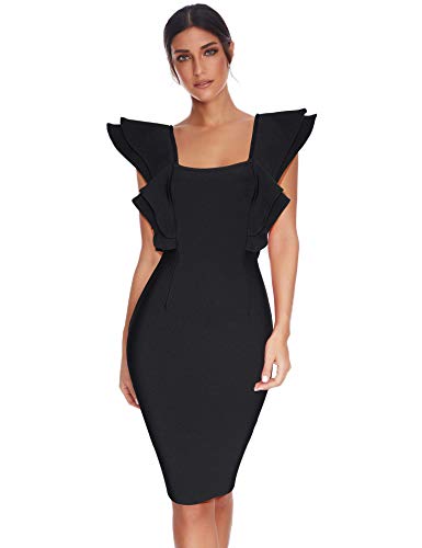 meilun Womens Celebrity Party Bandage Dress Vestido Ruffles Butterfly Sleeve Bodycon Club Dress (Black, M)