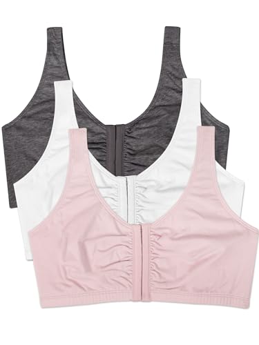 Fruit of the Loom Women's Front Closure Cotton Bra, Blushing Rose/Charcoal/White 3-Pack, 38