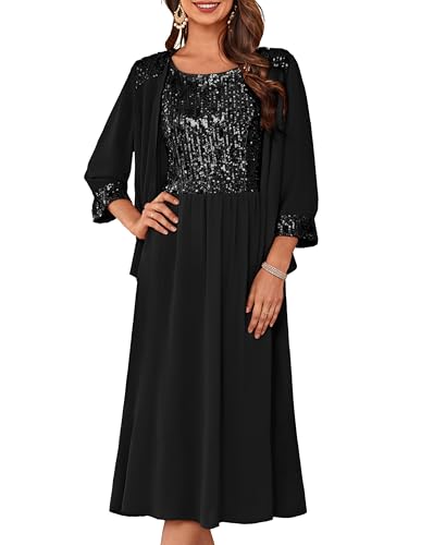 Women's Sequin Dress Two Piece Mother of The Bride Dresses with Jacket Lace Formal Wedding Guest Dress Black XXL