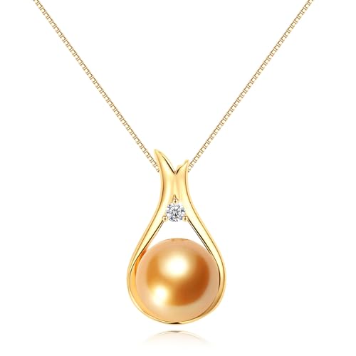 YAMI Akoya Golden Pearl Necklace 10-11mm Saltwater Cultured Pearl Jewelry with 925 Sterling Silver Adjustable Chain for Women, Mom, Wife, Luxury Gift for Birthday, Mother's Day, Anniversary