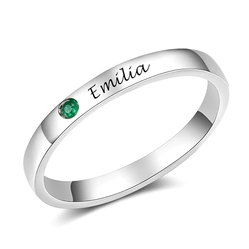 Custom Engraved Birthstone Ring - Personalized Sterling Silver Stacking Ring with Name & Birthstone - Durable, Waterproof, Tarnish Resistant Jewelry Gift for Her, Mom, Girlfriend