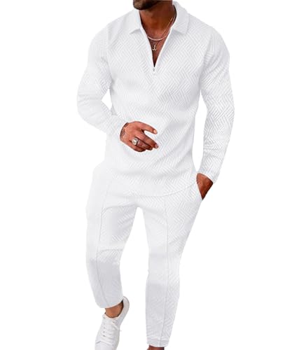 UOUA Mens 2 Piece Set Casual Outfits Polo Long Sleeve Shirt & Pants Track Suit Loungewear Athletic Sweatsuit White XL