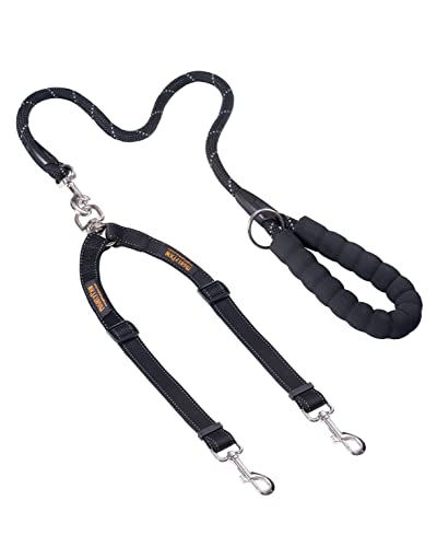 Mighty Paw Double Dog Leash with Rope Handle - Double Leash for Two Dogs No Tangle Design. Split Lead for 2 Pets. Adjustable to Fit All Sized Breeds. Reflective Dual Pet Lead for People with 2 Pups