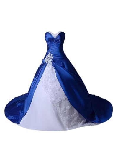 grxkiming Strapless Sequins Beaded Ball Gown Wedding Dresses Royal Blue with Long Train White Lace Applique Corset Back Quinceanera Formal Prom Dress Cheap 6