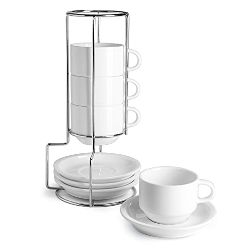 Sweese 4 Ounce Porcelain Stackable Espresso Cups with Saucers and Metal Stand Set of 4, White