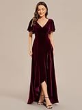 Ever-Pretty Women's V Neck Wrap Velvet Maxi Dress Ruffle Sleeve Split Bridesmaid Cocktail Party Dress Burgundy US16