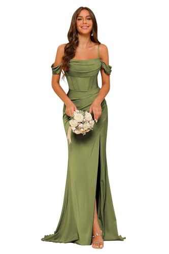 Clothfun Off Shoulder Mermaid Bridesmaid Dress for Women Split Satin Corset Bridesmaid Dress Dresses Long Ruched Formal Evening Gowns Olive Green Size 0