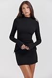 YMDUCH Women's Long Sleeve Mock Turtle Neck Bodycon Mini Tank Short Party Dress Black