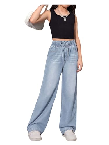RoseSeek Girl's Elastic High Waisted Jeans Straight Wide Leg Denim Pants Casual Baggy Jeans Light Wash 11 Years