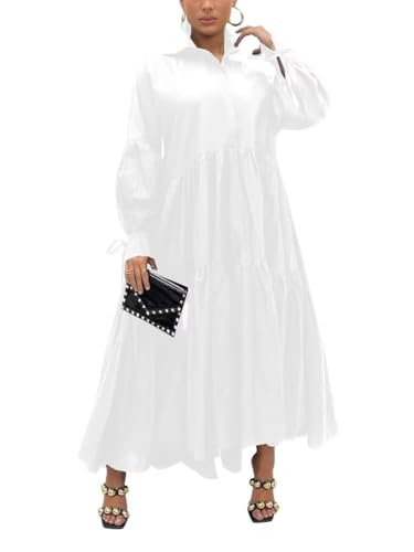 Women's Elegant Long Sleeve Button Down Loose Shirt Dress Long Maxi Pleated Dress White S