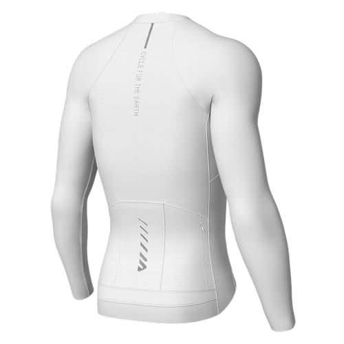 Lo.gas Mens Cycling Jersey Long Sleeve with 3+1 Rear Pockects Moisture Wicking UPF 50+ Full Zip Riding Bike Shirts,White L